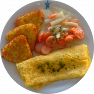 Hausgemachtes Omelette (15,19) und Schwarzwurzel-Möhren-Rahm-Gemüse (19,81) dazu Kartoffelröstiecken