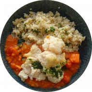 Tandooriblumenkohl mit Linsen-Ananas-Curry (1,2,3,18,22) dazu Couscous mit Gemüsestreifen (21,81)