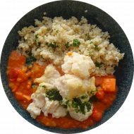 Tandooriblumenkohl mit Linsen-Ananas-Curry (,1,2,3,18,22) und Couscous mit Gemüsestreifen (21,81))