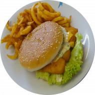 Fischer’s Fritze Burger (Fischstäbchen, Käse Kräuterremoulade, Salat) mit Twister fries (1,3,15,18,19,23,56,81)