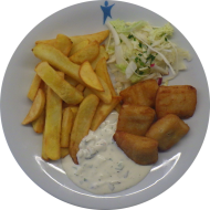 Fish'n Chips an würziger Remouladensoße (3,9,13,15,16,19,56,81) dazu Salatgarnitur und Steakhouse Pommes