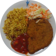Schweineschnitzel Toscana in würziger Kräuterpanade (13,15,51,81) an hausgemachtem Tomaten-Dip Napoli (9) dazu Pastasotto mit gehobeltem Hartkäse (3,15,19,24,49,81) und frisches Obst