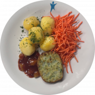 Hausgemachtes Kohlrabischnitzel (3,21,81)mit Sauce'Choron' (15,19,21,24,44) dazu Bratkartoffeln und Salatgarnitur