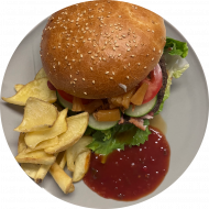 Sie können aus 5 verschiedenen Burgervariationen wählen. Heutige Tagesempfehlung: Burger 'Hawaii' mit Rinderpatty, Teriyakisauce, Salat, Bacon, Ananaschutney, Röstzwiebeln (1,2,3,18,19,22,23,24,51,52,81,83) Menüoption: verschiedene Pommes