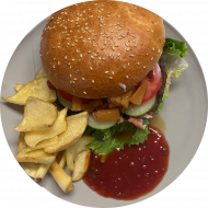 Sie können aus 6 verschiedenen Burgervariationen wählen. Heutige Tagesempfehlung: Burger 'Hawaii' mit Rinderpatty, Teriyakisauce, Salat, Bacon, Ananas-Chutney, Röstzwiebeln (2,3,9,19,22,51,52,81) Menüoption: Pommes und House-Dip (22,63)