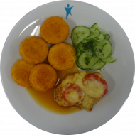 Gebratenes Putensteak mit Tomate und Gouda überbacken (19,54) an Geflügelsoße (54,81) dazu Macaire Kartoffeln (81) und kleiner Gurkensalat mit Dill