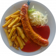 Currywurst 'Hot & Sweet' an 2erlei Saucen (2,3,9,51,52) dazu Rustico frites und Pariser Salat