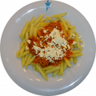 Pasta Trecchini (81) mit Sauce Napoli (81) dazu geriebener Gouda (19) oder veganer Reibekäse (1,2)