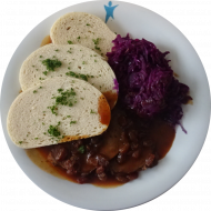 Sauerbraten mit würziger Lebkuchensoße (1,3,21,52,81,82) und Apfelrotkraut mit Speck (3,51) dazu Knödelscheiben (15,19,81)