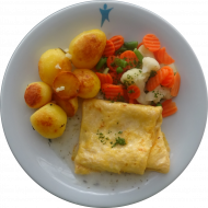 Hausgemachtes Omelette (15,19) an Creme fraiche-Soße (19,81) dazu Frühlingsgemüse und Rosmarinkartoffeln (49)