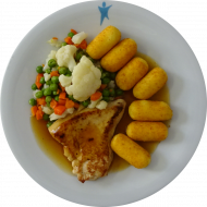 Putensteak natur gebraten (54) mit Geflügelsoße (49,54,81) und Kaisergemüse dazu Kroketten (81) 
