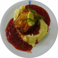 Fischaktion in unserer Cafeteria: Hokifilet „Piccata“ Parmesanmantel mit Himbeer-Zwiebel- Confit und hausgemachtem Kartoffelstampf (15,19,24,44,47,81)