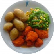 Chicken Crossies (54,81) mit Geflügelsahnejus (19,54,81) und Bohnen-Mais-Gemüse dazu kleine Ofenkartoffel