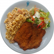 Schweineschnitzel 'Toscana' in würziger Kräuterpanade (13,15,51,81) dazu italienischer Nudelsalat (9,15,81) und Salatgarnitur