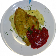 Fischaktion in unserer Cafeteria: Atlantischer Butt in Petersilienpanade mit Himbeer-Zwiebel- Confit und hausgemachtem Kartoffel-Sellerie-Stampf (15,16,19,24,47,81)