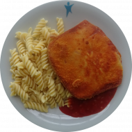 Hausgemachtes Riesenjägerschnitzel (2,3,8,15,21,22,51,81) mit Tomaten-Kräuter-Soße (81) dazu Spirelli (81) und frische Melone