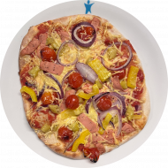 Sie können aus 5 verschiedenen Pizzavariationen wählen. Heutige Tagesempfehlung: Pizza 'Las Vegan' mit veganer Mortadella, milder Peperoni und Reiberei (1,2,81)