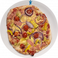 Sie können aus 5 verschiedenen Pizzavariationen wählen. Heutige Tagesempfehlung: Pizza 'Las Vegan' mit veganer Salami, milder Peperoni und Reiberei (1,81)