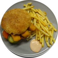 Sie können aus 6 verschiedenen Burgervariationen wählen. Heutige Tagesempfehlung: Burger mit panierten Fischstäbchen, Remoulade, Gewürzgurke und roter Zwiebel (1,2,9,15,16,19,56,81,82) dazu als Menüoption verschiedene Pommes und House-Dip (9,22)