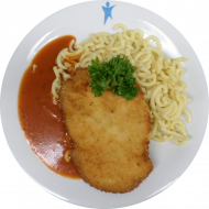 Hähnchenbrust 'Piccata' mit Parmesanpanade (19,54,81) und Tomatensoße (81) dazu Gabelspaghetti (81)