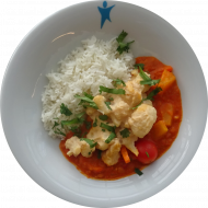 Kleine Portion: Tandooriblumenkohl mit Linsen-Ananas-Curry (1,2,18,22) dazu Jasmin-Duftreis