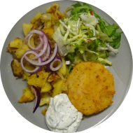 Schnitzelabend: Hausgemachtes Kohlrabischnitzel (3,81) an Mayonnaise-Kräuter-Dip (15,19,81) dazu Bratkartoffeln (62) und Salatgarnitur