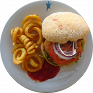 Burger 'Mac and Cheese' mit Antipasti, roter Zwiebel, Rucola und Tomatensugo (9,19,24,81,83) dazu Twister Pommes (81)