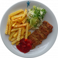 Big Rib Hacksteak vom Schwein (15,22,51,81) mit Salsa-Dip (9) dazu Pommes frites und Salatgarnitur