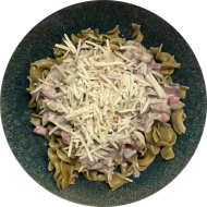 Pastaabend: Grüne Bandnudeln mit Salami, Knoblauch, Pilzen und Creme fraiche (1,2,3,19,46,49,81)