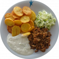 Putengeschnetzeltes 'Gyros Art' (49,54) an Zaziki (19,49) und Kartoffel-Chips dazu kleiner Weißkrautsalat mit Lauchröllchen
