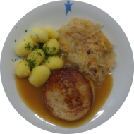 Gebratene Rosterscheibe mit Senf (3,22,51) und Bratenjus (81) dazu Sauerkraut mit Speck (51) und Petersilienkartoffeln