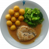Gebratenes Hähnchenbrustfilet in Honig-Thymian-Marinade (48,54) an Geflügelrahmjus dazu Rosmarin (19,54,81) und Brokkoligemüse mit Pommes Noisette (15)