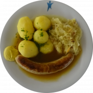 Roster mit Senf (3,22,51) an Bratenjus (81) dazu Sauerkraut mit Speck (51) und Petersilienkartoffeln