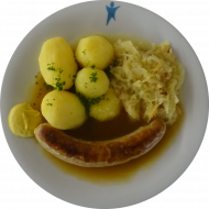 Roster mit Senf oder Winterroster mit Apfel (3,22,51) an Bratensoße (81) dazu Sauerkraut mit Speck (51) und Petersilienkartoffeln