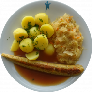 Veggie Bratwurst (18,21,49) an Bratenjus (81) dazu Sauerkraut ohne Speck mit Petersilienkartofflen