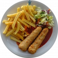 2 Sesam-Karottensticks (23,81) an Currysoße BBQ-Style mit Koriander (21,81) dazu Pommes frites und Salatgarnitur