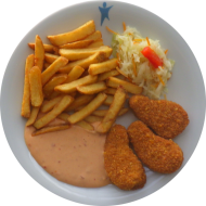 Knusprige Gemüsewings mit Red Pepper-Mayonnaise-Dip (1,22) und Rustico Frites dazu Weißkraut-Karotten-Salat (3)