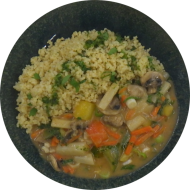 Gebratener Spargel 'Thai Style' mit Karotten, Champignons, Paprika und Zuckerschoten (2,17,49) dazu Zitronenbulgur (81)