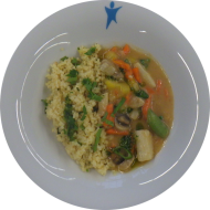 Kleine Portion: Gebratener Spargel 'Thai Style' mit Karotten, Champignons, Paprika und Zuckerschoten (2,17,49) dazu Zitronenbulgur (81)