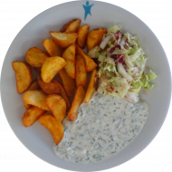 Kleine Portion: Gebackene Kartoffelspalten mit Kräuterquark (19) dazu Salatgarnitur