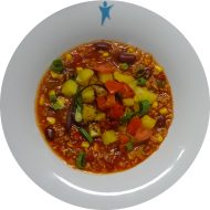 Feuriges Chili sin carne (18,49,81) mit mexikanischen Kartoffeln mit Jalapenos und Tomaten