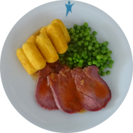 Gepökelte Rinderzunge an Rotweinjus (3,4,21,24) dazu Erbsengemüse und Kroketten (81) 