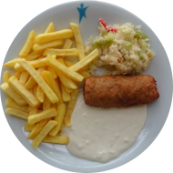 Hirtenrolle mit Frischkäse-Füllung (15,18,19,81) an hausgemachten Ajvar-Dip (19) mit Pommes frites und Salatgarnitur