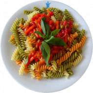 Vegan: Gemüsebolognese mit frischem Basilikum (3,21) dazu bunte Spirelli (81) und Obst