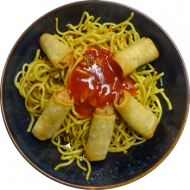 5 Minifrühlingsrollen (18,49,81) mit süß-scharfem Asia Dip (9) dazu chinesische Bratnudeln (2,18,81)