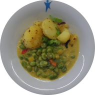 Kleine Portion: mensaVital: Steckrüben-Bohnen-Paprika-Wok mit geschwenkten Chilikartoffeln (3,14,18,49,81)