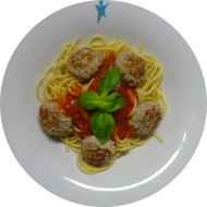 Spaghetti (81) mit Hackbällchen an Tomatensoße und Kräuter der Provence (49,52,81,83) oder mit Gemüsebällchen (18,81)