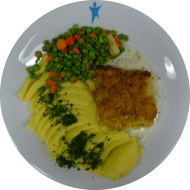 Schlemmerfilet 'Bordelaise' gebacken (16,56,81) mit Dillsoße und Leipziger Allerlei dazu Kartoffel- Kräuter- Püree (19)