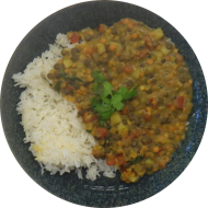 Indisches Dal - aromatisches Linsen-Kartoffel-Curry mit frischer Minze (2,3,18,81) dazu Jasmin-Duftreis