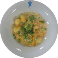 Kleine Portion: Gebratene Gnocchi in Gemüse-Gorgonzola-Sahne-Soße und Schnittlauch (15,19,47)
